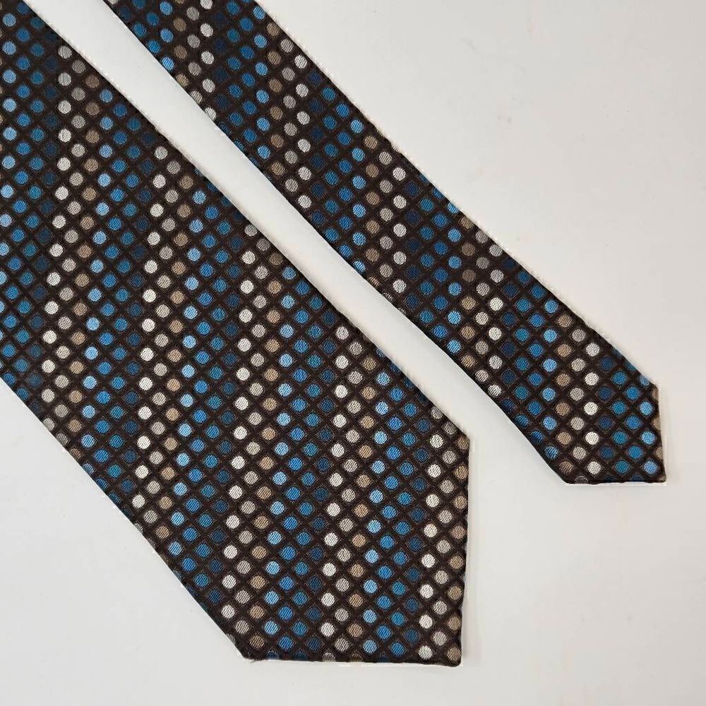ANGELO LITRICO SILK TIE BLUE BROWN POLKA DOT STRIPE ART DECO STYLE 3.75" X 60"